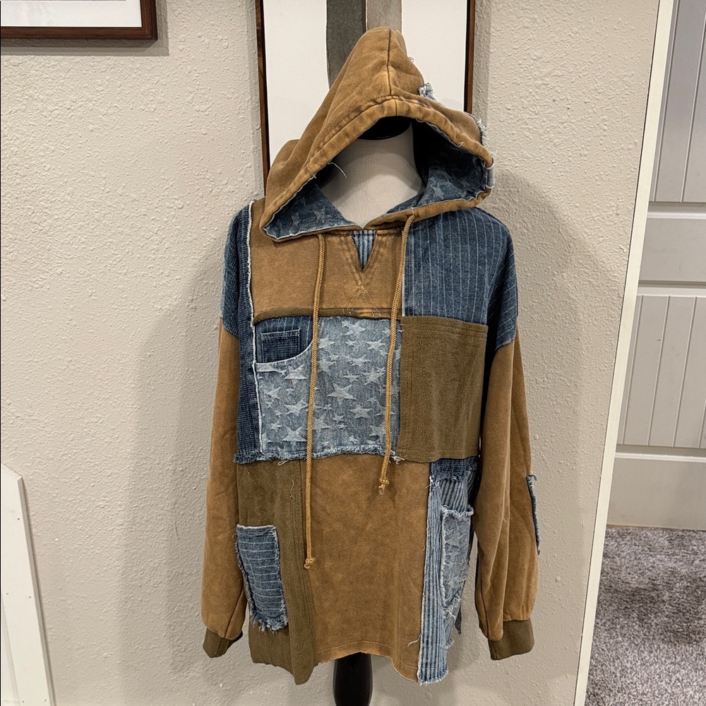 Oli & Hali Star Denim Patchwork Mineral Wash Hoodie Sweater